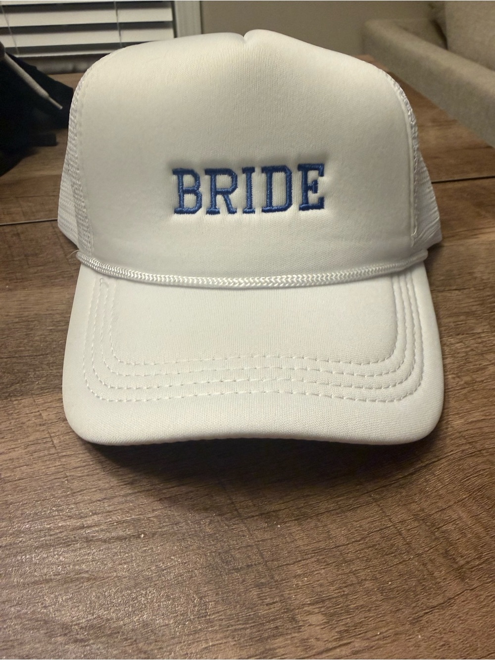 Bride Embroidered Trucker Hat - White with Blue Lettering